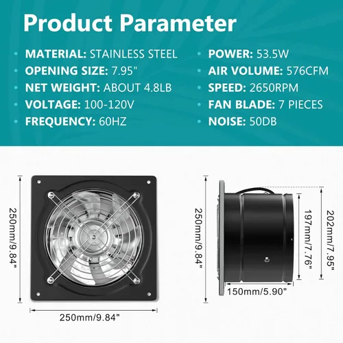 Vista 4 de HG Power - Ventilador de escape de 8 pulgadas con interruptor, potente ventilador de escape de cocina con amortiguador, ventiladores de escape