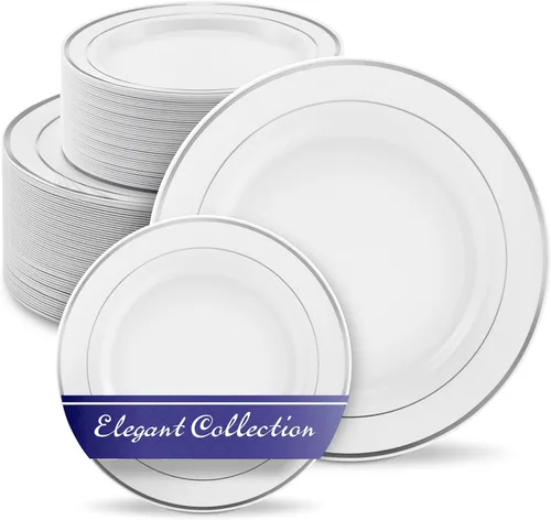 Vista 8 de Platos llanos de plástico blanco y plateado de 10.25 pulgadas (paquete de 100) – Juego desechable elegante y resistente para 100 invitados – Boda