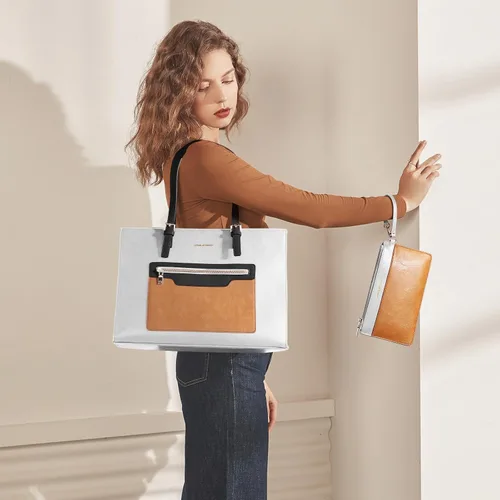 Vista 3 de Maelstrom Bolsa de cuero para computadora portátil para mujer, maletín impermeable con bolsa de embrague, bolsos de trabajo para computadora de 15.6