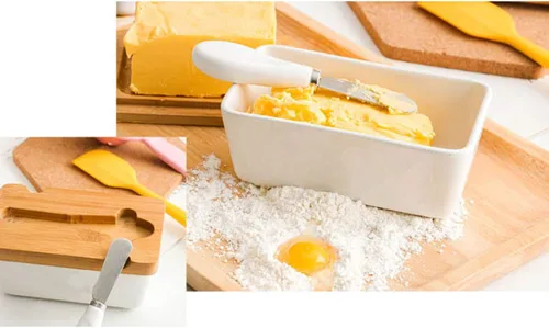 Vista 6 de Mantequillera hermética de porcelana con cuchillo, manteca rectangular hermética blanca con tapa de madera, recipiente grande de cerámica, 6.8 x 3.5