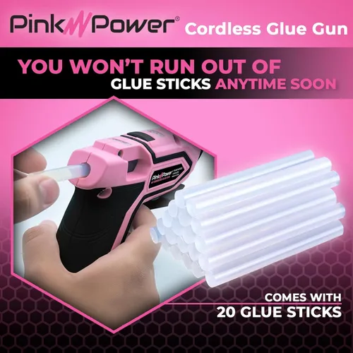 Vista 4 de Pink Power Mini kit de pistola de pegamento caliente inalámbrica con soporte, 20 varillas, funciona con pilas, inalámbrico, calentamiento rápido