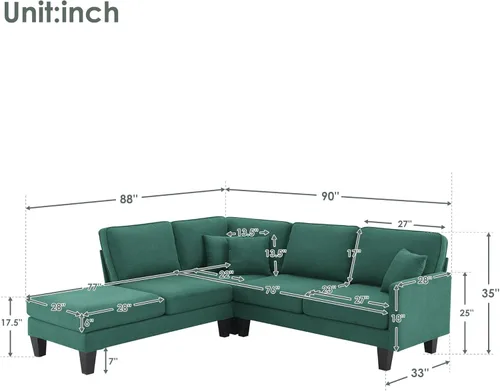 Vista 139 de Sofá modular en forma de L de 100.7 pulgadas con otomana extraíble, modernos sofás de 3 plazas con dos reposabrazos y patas de metal, cómoda tela