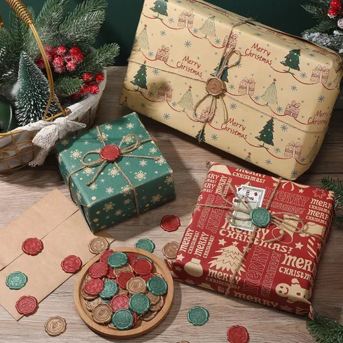 Vista 6 de Kosiz 100 calcomanías autoadhesivas para sello de cera de Navidad de 1.18 pulgadas, calcomanías de sello de sobre, vintage, Papá Noel, copos