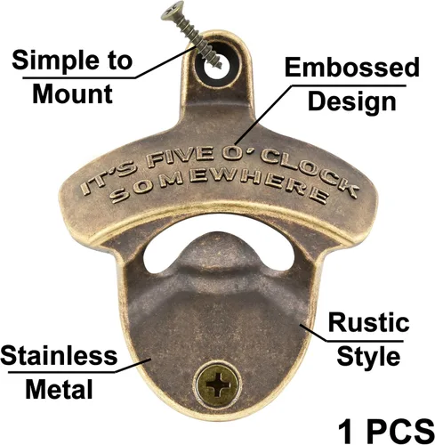 Vista 2 de Abridor de cerveza de montaje en pared, con rosca IT'S FIVE O'CLOCK SOMEWHERE, abrebotellas de bronce antiguo, para regalos