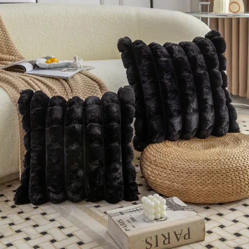 Vista 3 de Neelvin Juego de 2 fundas de almohada decorativas de piel sintética negra de 16 x 16 pulgadas, fundas de cojín de terciopelo para sofá