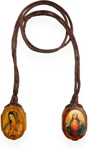 Vista 2 de Sagrado Corazón de Jesús con Nuestra Señora de Guadalupe Escapulario Católico de Madera Marrón Escapulario Regalo Religioso, Madera, No es una