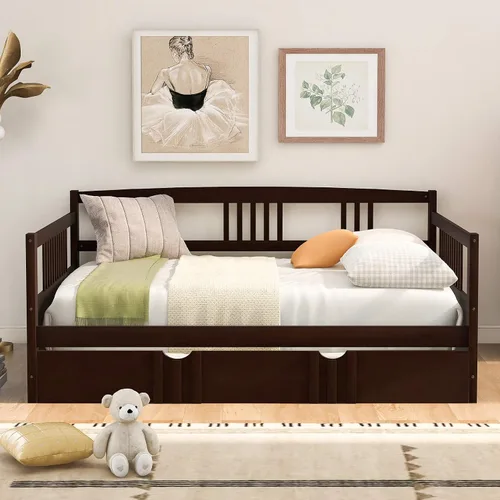 Vista 15 de P PURLOVE Sofá cama individual de madera con rieles, cama individual, listones de madera que soportan la vida moderna, individual, color blanco