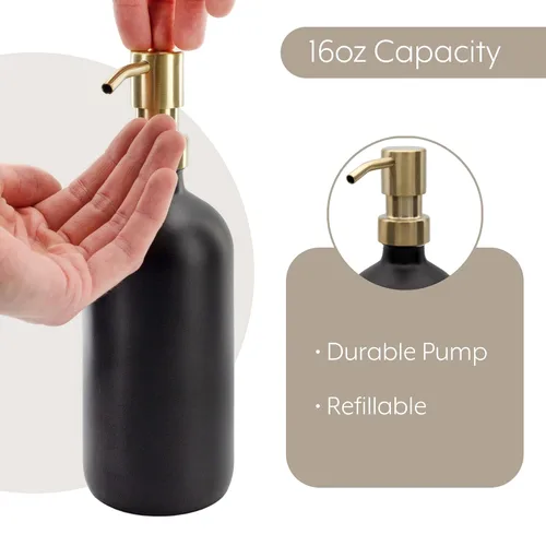 Vista 7 de Darware Botellas de bomba de vidrio de 16 onzas (juego de 2, negro con oro); botellas dispensadoras de jabón con tapas de bomba de metal cepillado
