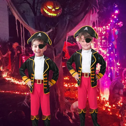 Vista 4 de Timisea Disfraz de pirata para niños, sombrero de pirata, parche de ojos, juego de rol, conjunto de pirata para niños pequeños