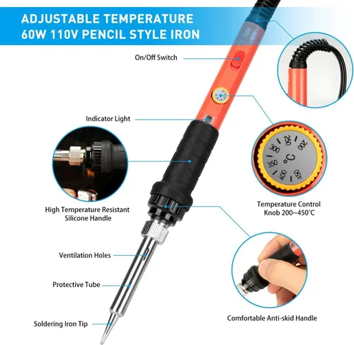 Vista 2 de Kit de soldador de 60 W con calentador cerámico, 5 en 1, temperatura ajustable, para cualquier aficionado