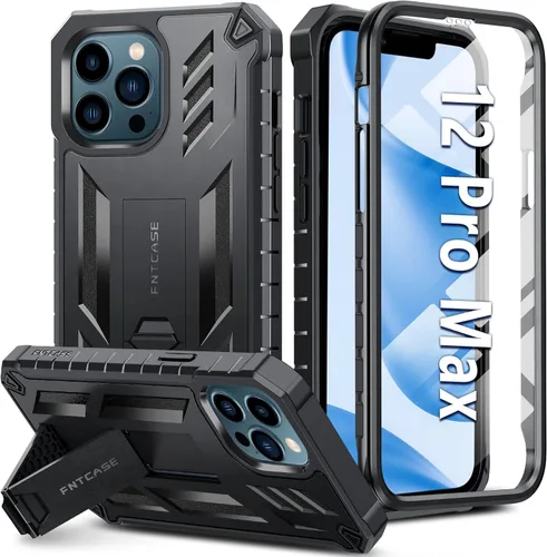FNTCASE Funda para iPhone 12 Pro-Max: con [protector de pantalla y soporte integrados] [protección contra caídas de grado militar] Funda protectora