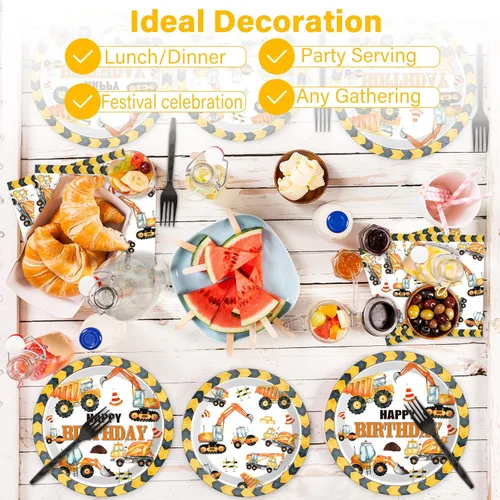 Vista 7 de 100 piezas de platos y servilletas de fiesta de cumpleaños de construcción, suministros de decoración de fiesta de cumpleaños con camión volquete