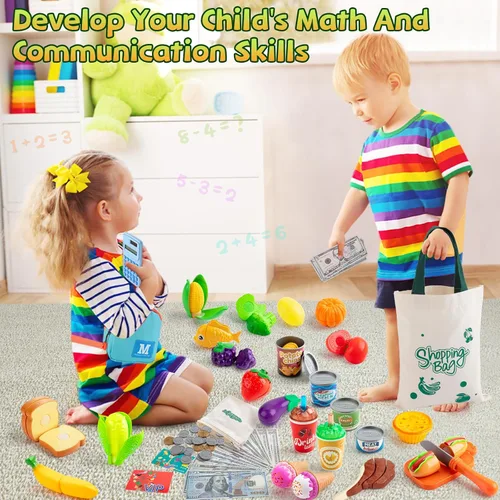 Vista 6 de Juegos de comida de juego de simulación para niños pequeños, juego de tienda de comestibles para niños con bolsas de compras, calculadora, cortar