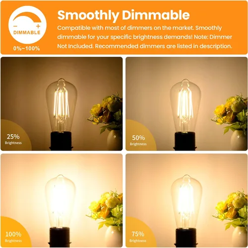 Vista 5 de Bombillas LED vintage regulables Edison equivalentes a 100 W, 8 W, 1200 lúmenes, base E26, bombilla de filamento LED, 2700 K, blanco cálido