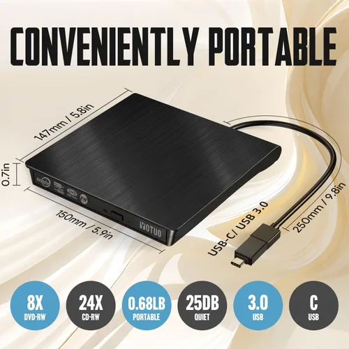 Vista 5 de YOTUO Quemador externo de CD/DVD con funda protectora, USB 3.0 portátil y grabadora USB-C, compatible con computadoras portátiles y computadoras
