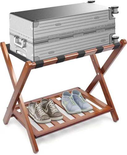 Vista 8 de Smuxee Portaequipajes de nogal totalmente montado, soporte de maleta plegable de bambú mejorado con 5 correas de nailon, soporte de equipaje