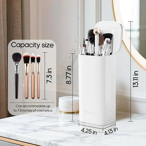 Vista 3 de Osuke Makeup Brush Holder with Lid Cosmetic Tools Organizer,One Touch Open 4 Slot Makeup Brush Case with Waterproof Dustproof, Cosmetic Storage for