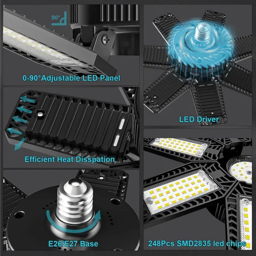 Vista 5 de Luz LED de garaje de 200W 20000LM 6500K, luces de techo de garaje con 7+1 paneles ajustables, luces de tienda con rosca E26 E27 para taller, sala