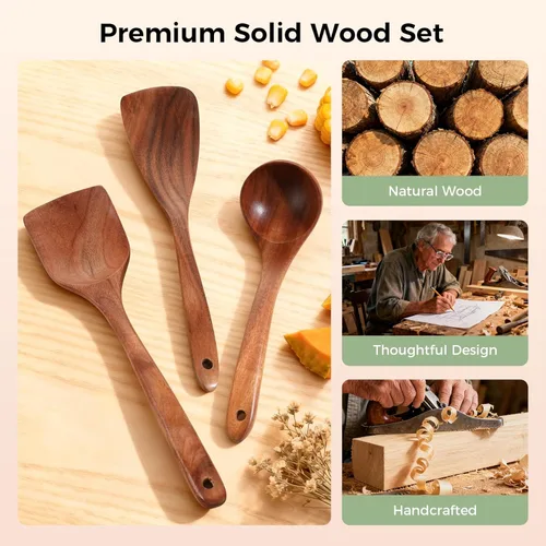 Vista 6 de Cucharas de madera para cocinar, juego de 7 utensilios de cocina de madera, juego de utensilios de madera de teca natural suave, utensilios