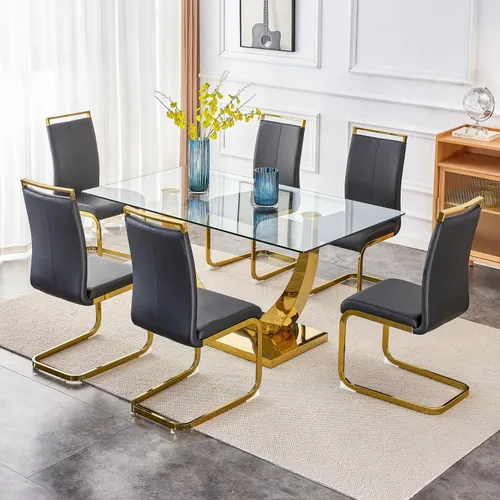 Vista 40 de Juego de mesa de comedor de 63 pulgadas para 4, juego de mesa de comedor dorado moderno para 4, juego de mesa de cocina de mármol sintético