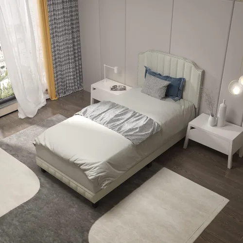KOMFOTT Base de cama de plataforma tapizada individual con cabecero, base de colchón resistente con listones de madera maciza, fácil montaje, no