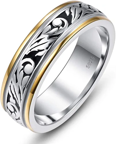 AVECON Anillo de boda de plata de ley 925 para hombres y mujeres, unisex, vintage, floral, plata y oro, dos tonos, talla 6-12