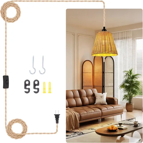 Vista 9 de Cable de luz colgante industrial de 15 pies - Kit de luz colgante con interruptor y enchufe, cable de cuerda para luz colgante enchufable, juego