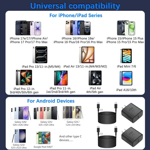 Vista 6 de Cargador para iPhone 17 de carga rápida, paquete de 2 adaptadores de alimentación USB C de 45 W y cable USB C a C de 10 pies tipo C para iPhone 17