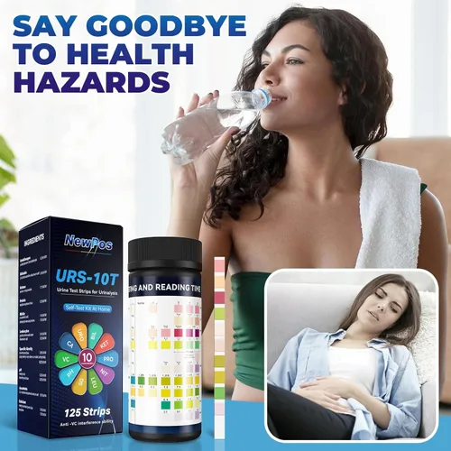 Vista 6 de NewPos Tiras de prueba de orina para análisis de orina: 10 en 1 tiras de prueba de análisis de orina de 125 CT Panel completo para UTI nitrito