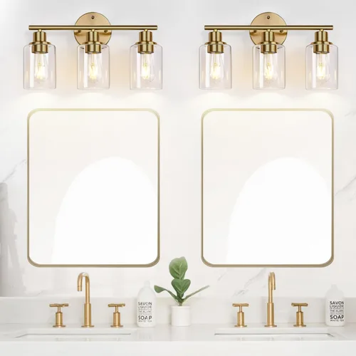 Vista 6 de 3 lámparas de baño doradas, lámpara de tocador de baño moderna con pantalla de vidrio transparente, luces de pared de baño de oro cepillado, lámpara