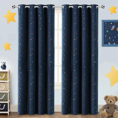 Vista 18 de PrinceDeco Cortinas Opacas para Niños para Dormitorio con Aislamiento Térmico Cortinas de Estrellas Centelleantes de Bronce para Niños con Ojales