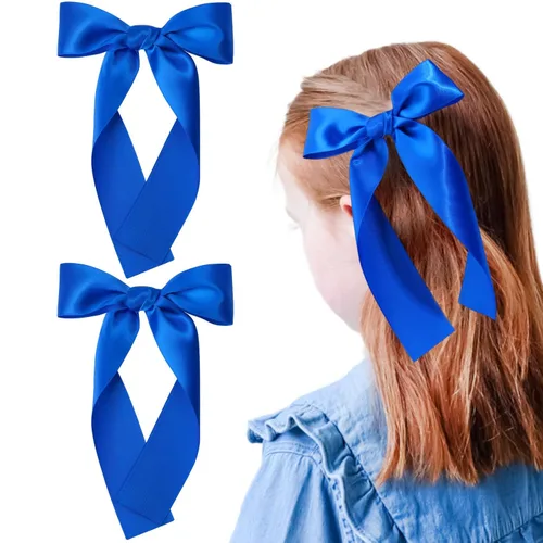 Vista 15 de 2 piezas de lazos largos con cinta para el pelo para niñas, clip de pelo con lazo de seda, accesorio para el cabello con cinta de grogrén para Rojo