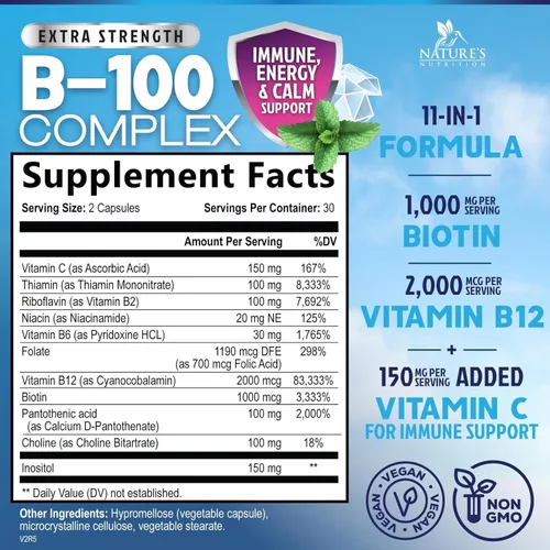 Vista 2 de B Complex Vitaminas Cápsulas – Complejo B-100 súper completo con vitamina B12 B6 C biotina folato y ácido fólico para apoyo inmunológico