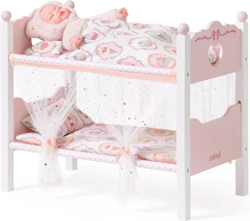 Vista 9 de ROBUD Cuna para Muñeca Bebé, Camas de Madera para Muñecas de 20 Pulgadas, Literas Azules para Muñeca Bebé con Tul, Cama para Muñeca American Girl