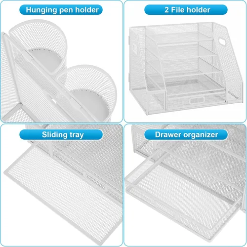 Vista 4 de Marbrasse Desk Organizers with File Holder, 5-Tier Paper Letter Tray Organizer with Handle, Mesh Desk Organizers and Accessories with Drawer and 2