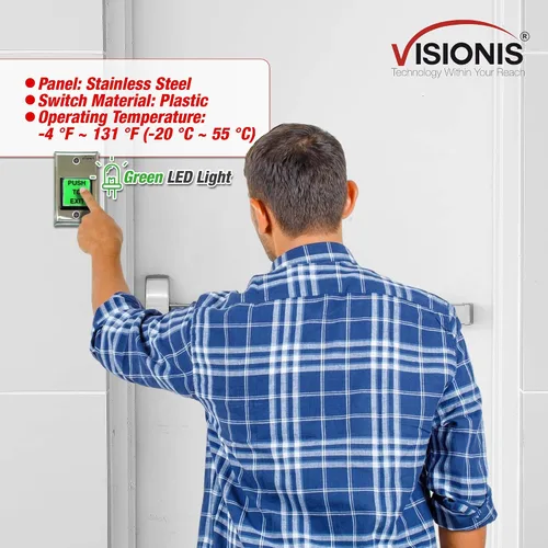 Vista 2 de Visionis VIS-7000 - Botón cuadrado verde para salida, acero, LED