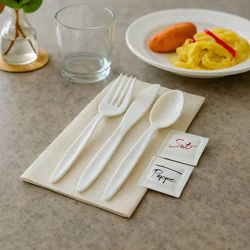 Vista 6 de EcoQuality Kit de cubiertos envueltos 6 en 1 – Tenedor/Cuchara/Cuchillo/Servilleta/Sal/Pimienta – Kit de cubiertos desechables, perfecto