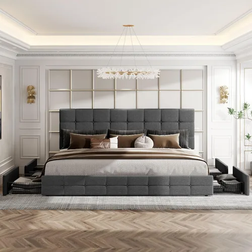 Vista 46 de HOOMIC Base de cama de almacenamiento de plataforma de tamaño matrimonial con 4 cajones y cabecera ajustable, listones de madera, no necesita