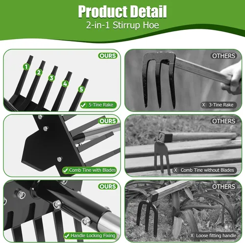 Vista 5 de Herramientas de jardín 2 en 1, herramienta de extracción de malezas de 17-58 pulgadas con mango largo, mango resistente, azada de jardín y rastrillo