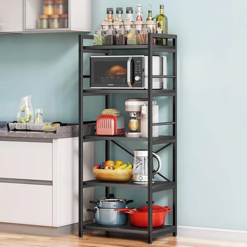 Denkee Estante para hornear de 5 niveles para cocina con almacenamiento, estante industrial para microondas, barra de café para espacios pequeños,