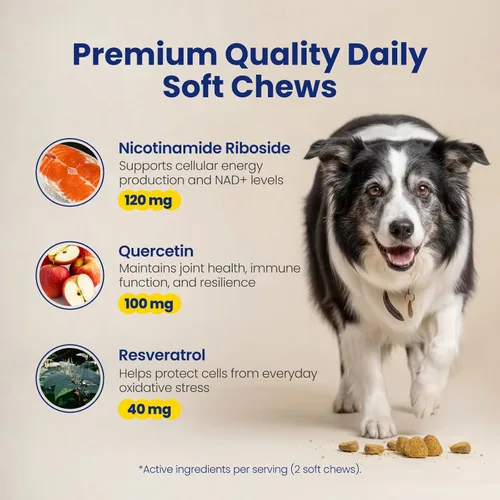 Vista 5 de Suplemento precursor y para perros mayores NAD+ - 90 masticables suaves - Alternativa NMN para la longevidad y el envejecimiento saludable
