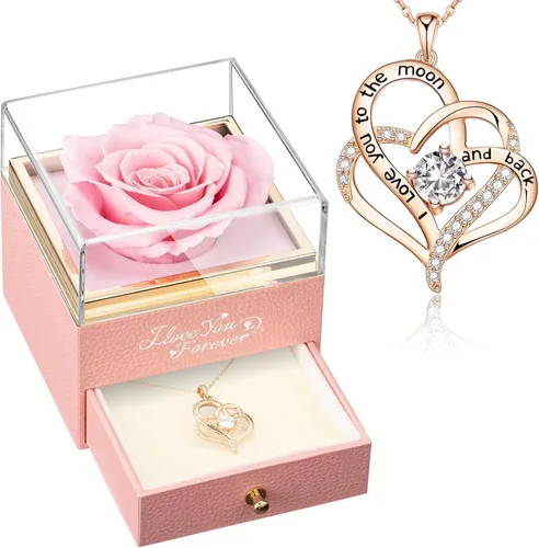 WILDLOVE Rosa real preservada para siempre con collar I Love You, regalos de cumpleaños para mamá, abuela, esposa, flores preservadas, regalo para