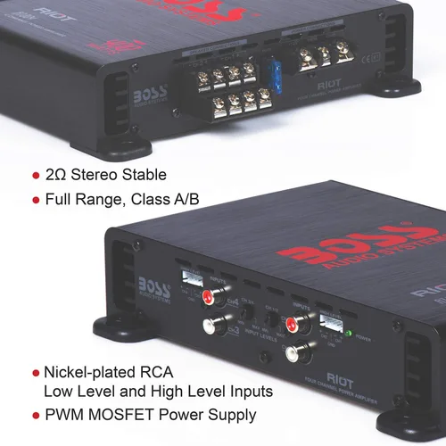 Vista 4 de BOSS Audio Systems R1004 Riot Series Amplificador de 4 canales de audio para automóvil - Clase A/B, 400 de alta salida, 2-8 ohmios estables