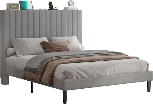 Vista 26 de Base de cama tamaño Queen tapizada en terciopelo con estación de carga, soporte de listones de madera, base de colchón, somier opcional, color blanco