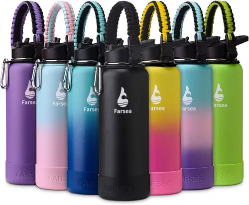 Vista 56 de Botella de agua Farsea aislada con asa de paracord, protector y 2 tapas (tapa de pajita y tapa de boquilla), de acero inoxidable, boca ancha, doble