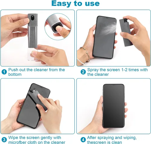 Vista 7 de Paquete de 4 limpiadores de pantalla 3 en 1, limpiador de niebla para pantalla táctil y paño de microfibra, solución de limpieza integrada, botella