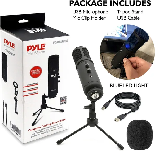 Vista 6 de JOVIAL Pyle - Micrófono de condensador de grabación USB para PC, micrófono de escritorio portátil de condensador de audio profesional, LED azul