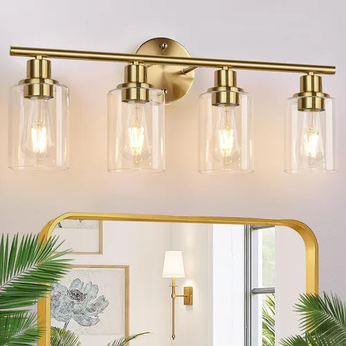 Vista 11 de Lámparas de baño de 4 luces, níquel cepillado, modernas luces de tocador sobre espejo con pantalla de vidrio transparente, lámpara de pared de baño