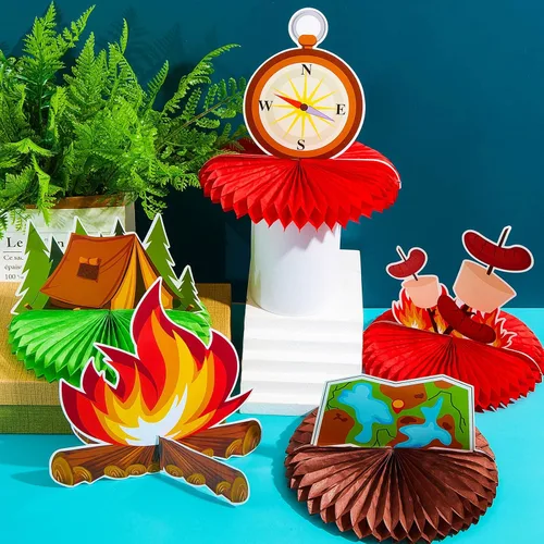 Vista 4 de 12 piezas de centros de mesa de panal de abejas para camping, suministros de fiesta, fogata, centros de mesa de aventura, decoración de pasteles