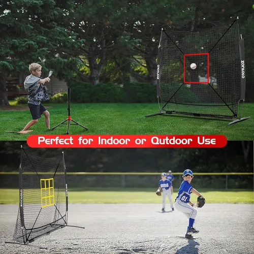Vista 6 de ZONLOLO 6x6ft Baseball & Softball Net for Hitting,Pitching and Batting, Throwing,Baseball net with Sturdy Bow Frame,Battting Tee,Strike Zone, Middle
